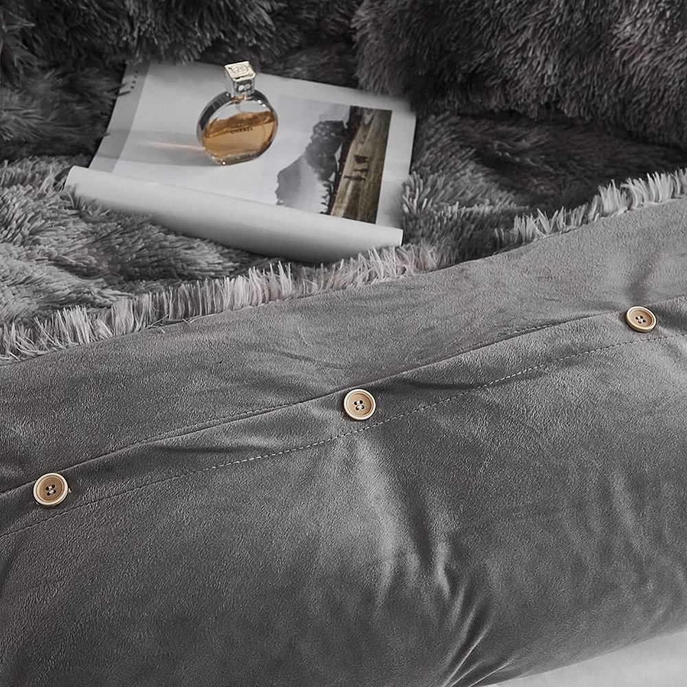 NEW Shaggy Fluffy Faux Fur Duvet Cover Set Button Closure Velvety Bedding Set - Picture 7 of 9